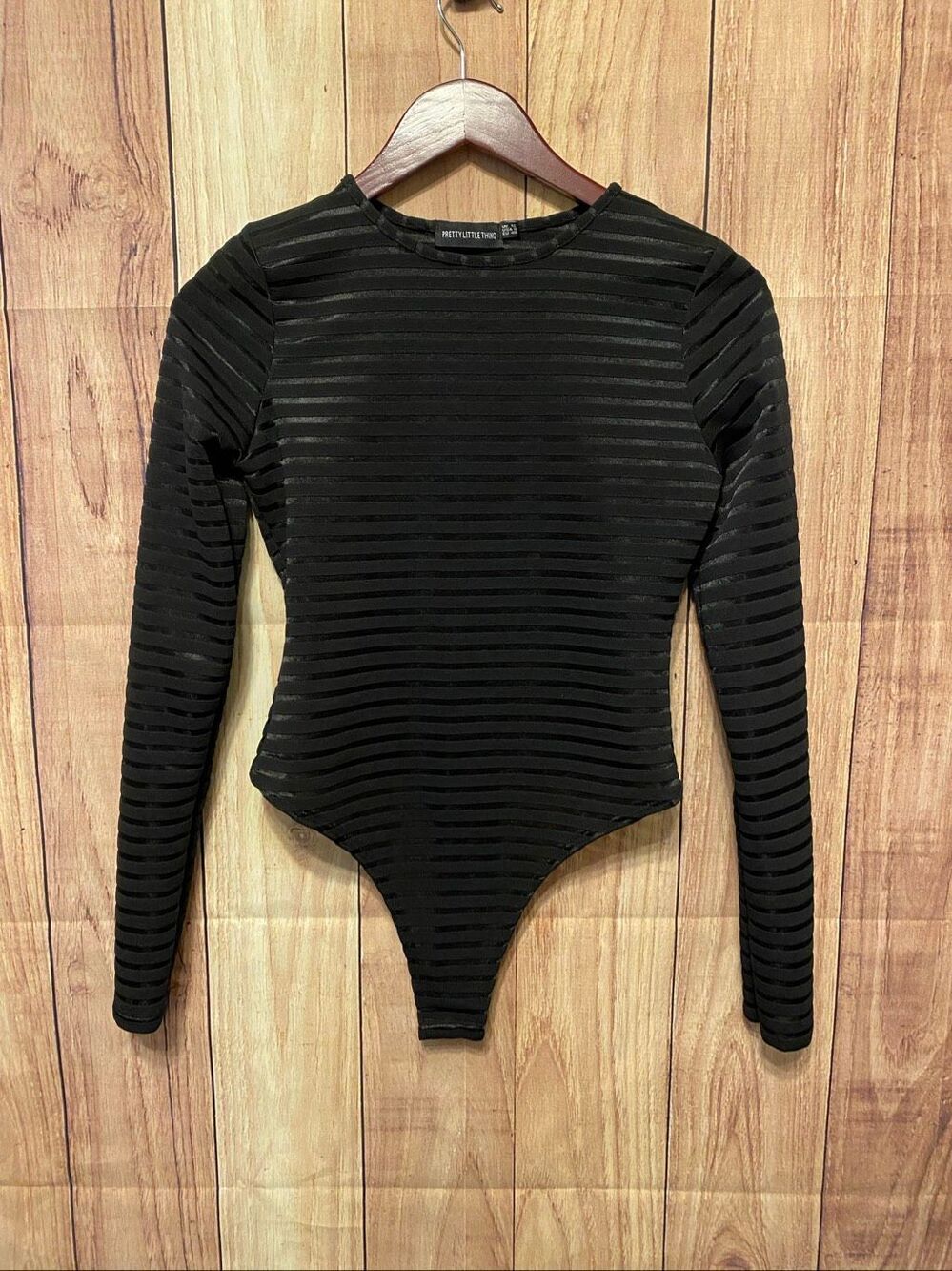 PrettyLittleThing size 8 long sleeve bodysuit sexy black thing striped sheer